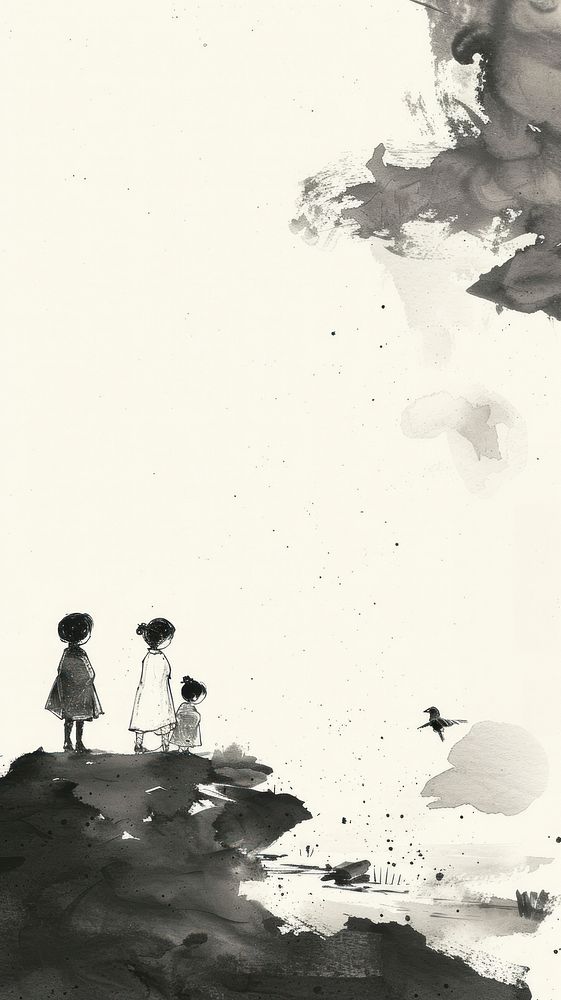 Ink painting minimal of children silhouette outdoors drawing.
