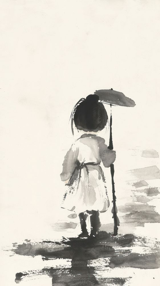 Ink painting minimal of children umbrella drawing sketch.