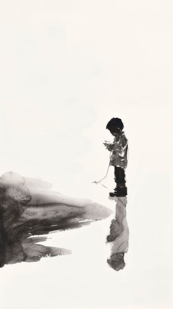 Ink painting minimal of children drawing sketch white.