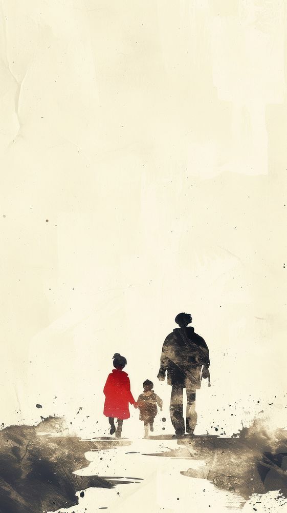 Ink painting minimal of children outdoors walking adult.