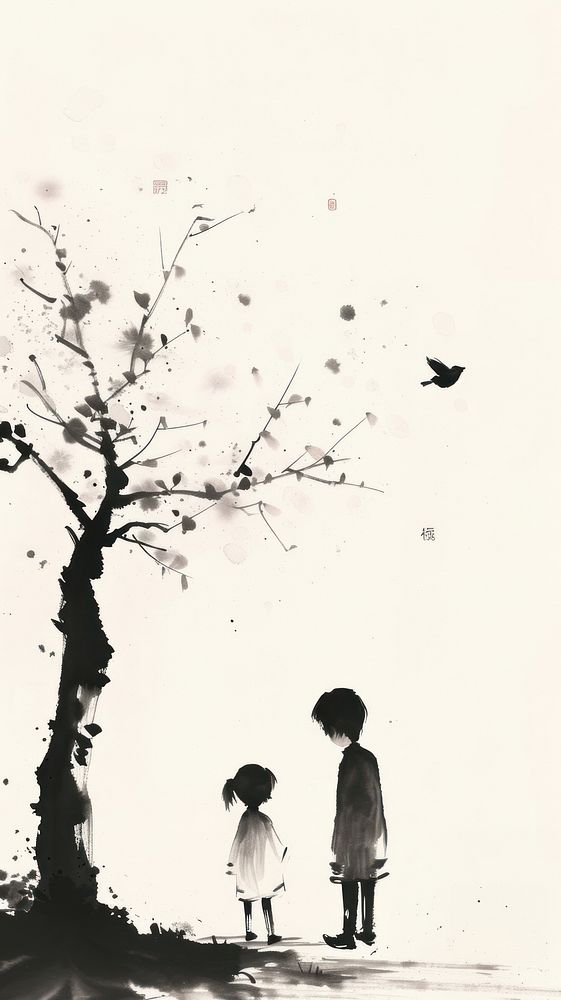 Ink painting minimal of children silhouette outdoors walking.