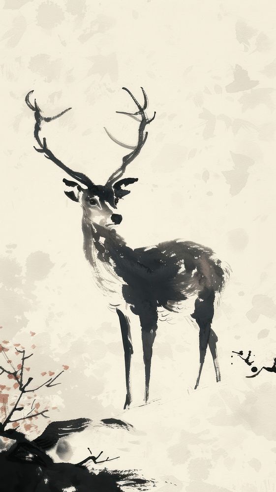 Ink painting minimal of deer wildlife drawing animal.