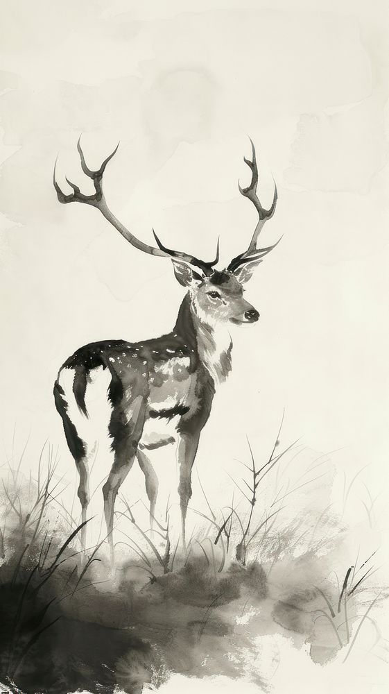 Ink painting minimal of deer wildlife animal antler.