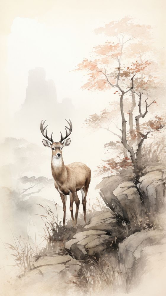 Ink painting minimal of deer wildlife animal mammal.