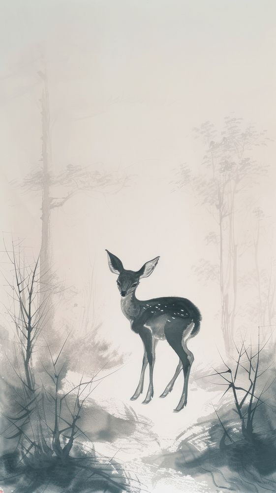 Ink painting minimal of deer wildlife drawing animal.