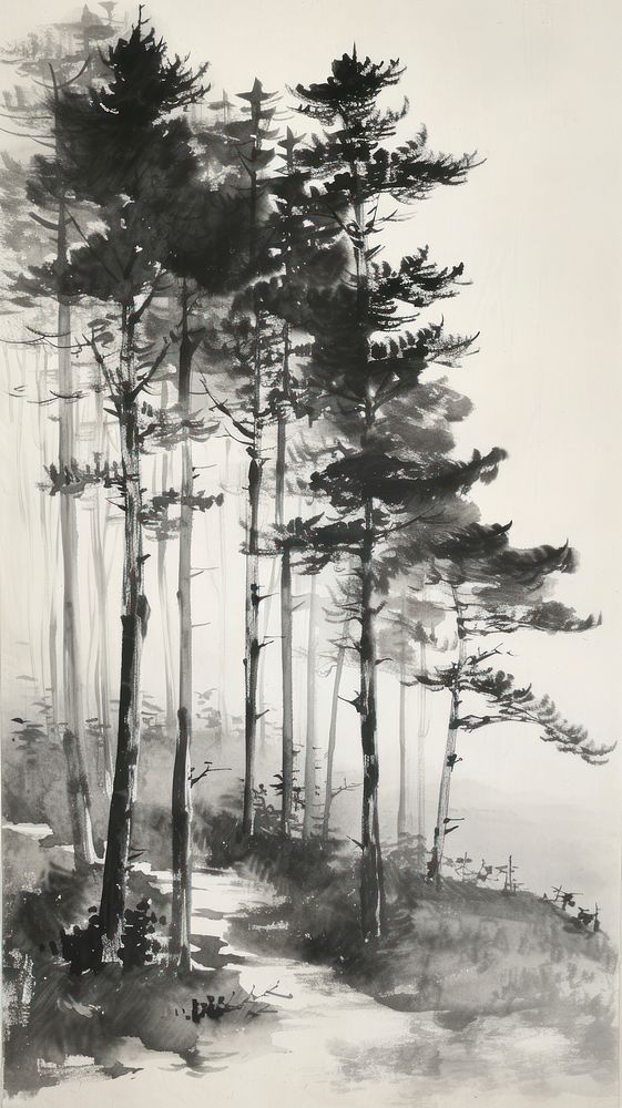 Ink painting minimal of forest drawing sketch plant.