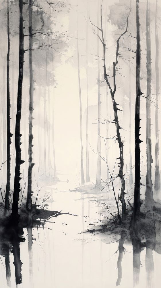 Ink painting minimal of forest outdoors drawing nature.