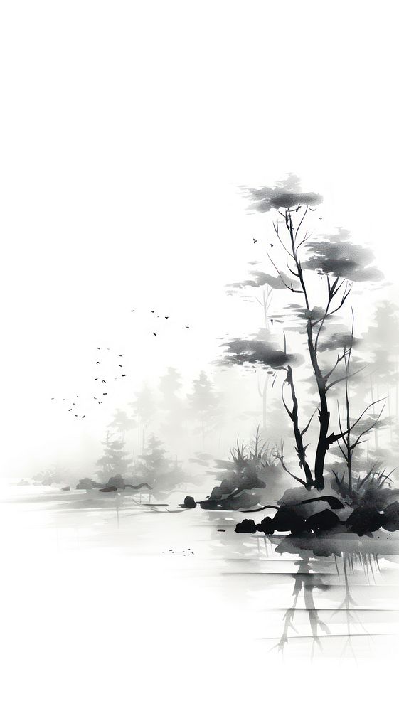 Ink painting minimal of forest outdoors drawing nature.