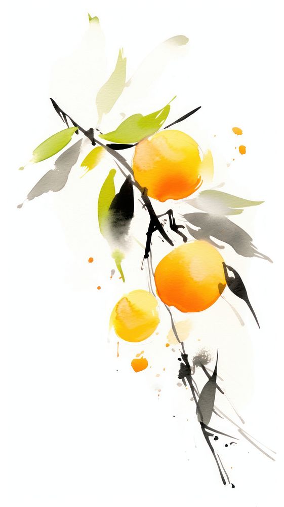 Ink painting minimal of fruit plant clementine splattered.