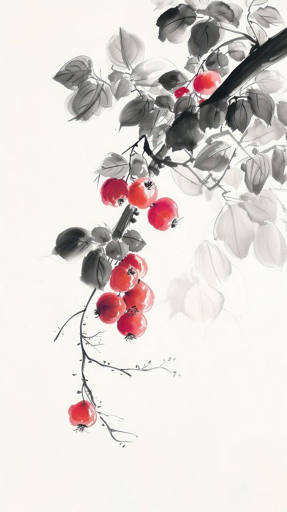 Ink painting minimal of fruit cherry plant leaf.