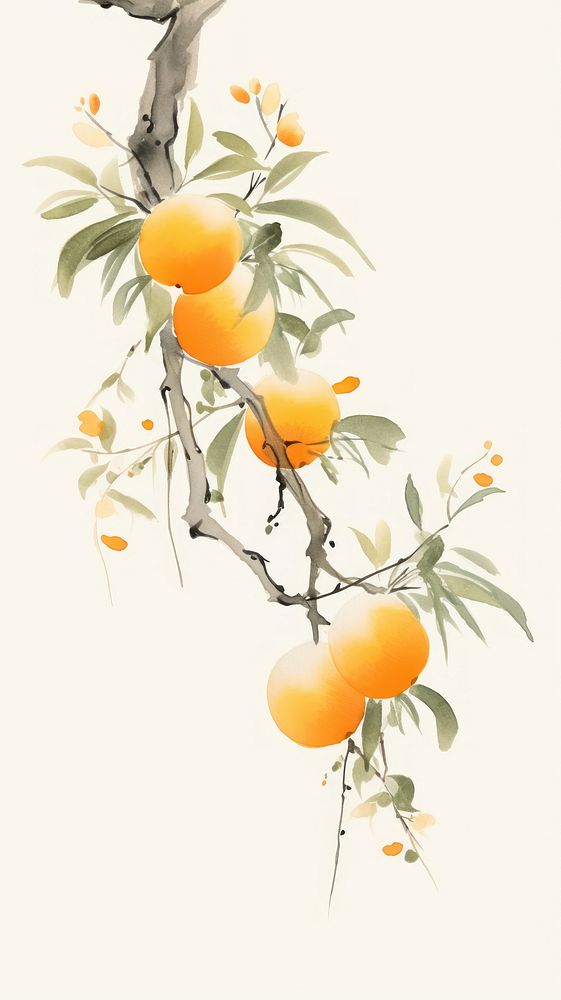 Ink painting minimal of fruit plant clementine grapefruit.
