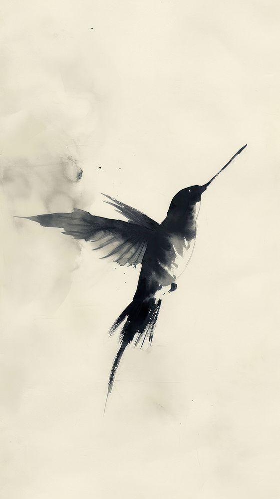 Ink painting minimal of hummingbird animal flying white.