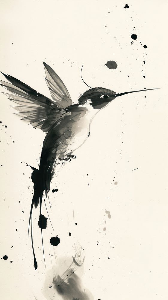 Ink painting minimal of hummingbird animal flying art.