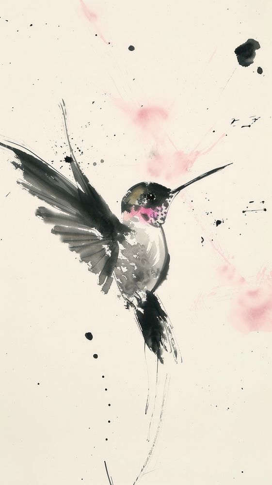 Ink painting minimal of hummingbird animal flying beak.