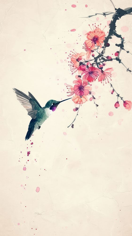 Ink painting minimal of hummingbird flower flying petal.