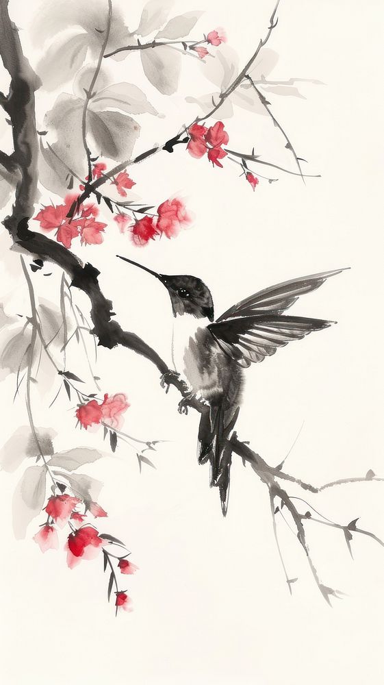 Ink painting minimal of hummingbird blossom flower animal.