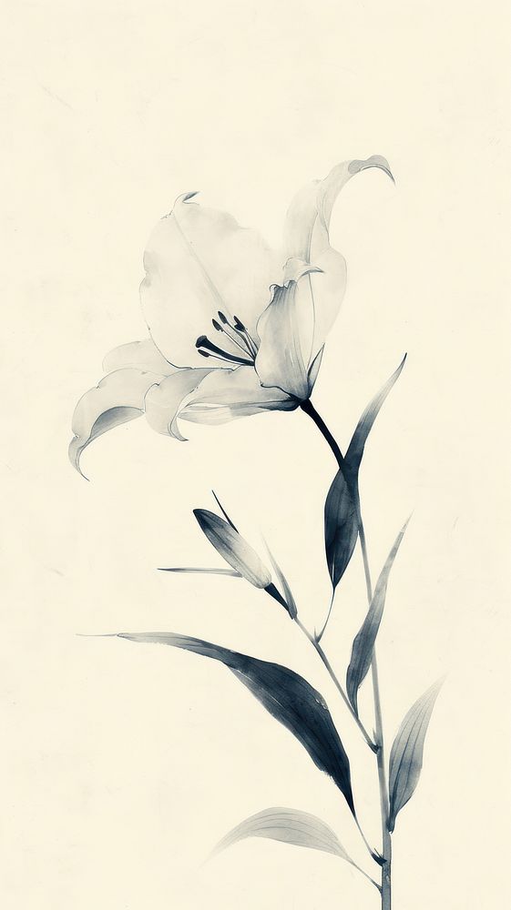 Ink painting minimal of lily drawing flower sketch.