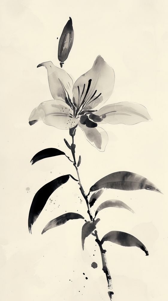 Ink painting minimal of lily blossom flower plant.
