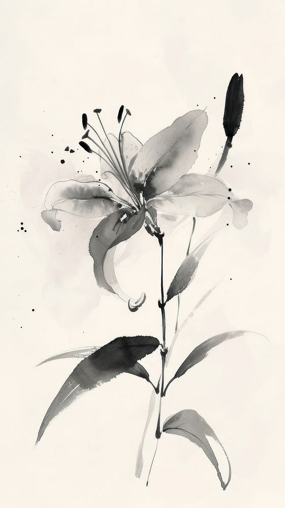 Ink painting minimal of lily drawing flower sketch.