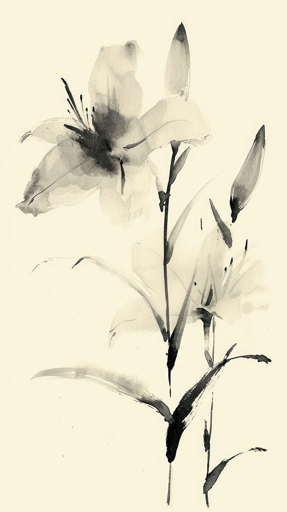 Ink painting minimal of lily nature flower plant.