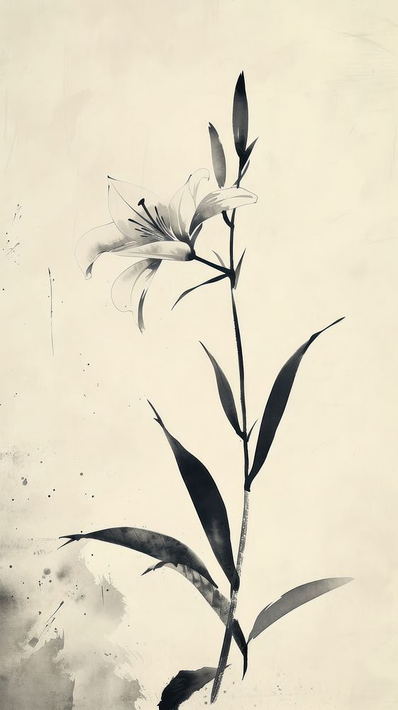 Ink painting minimal of lily plant white paper.