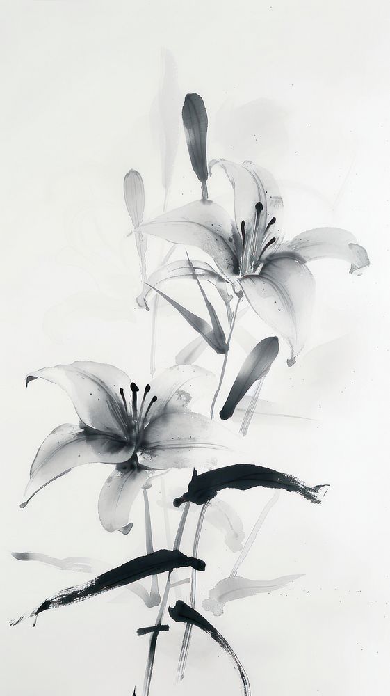 Ink painting minimal of lily flower plant white.