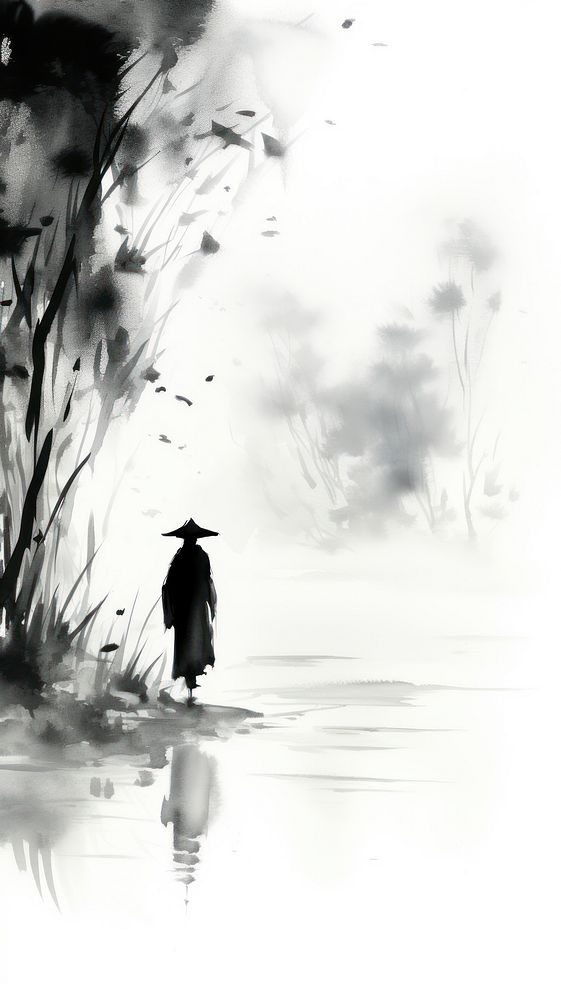 Ink painting minimal of men silhouette outdoors nature.