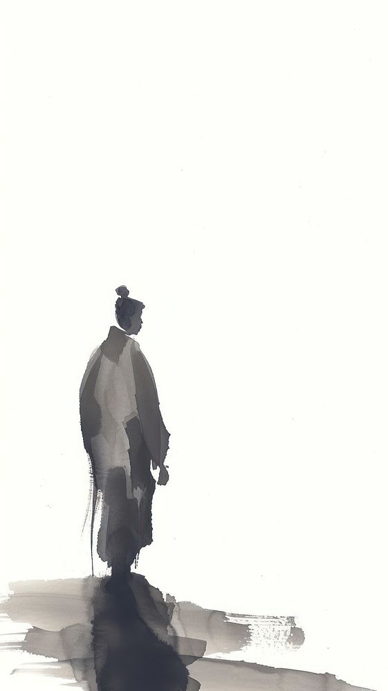 Ink painting minimal of men silhouette walking white.