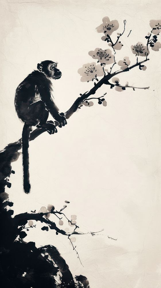 Ink painting minimal of monkey mammal plant silhouette.