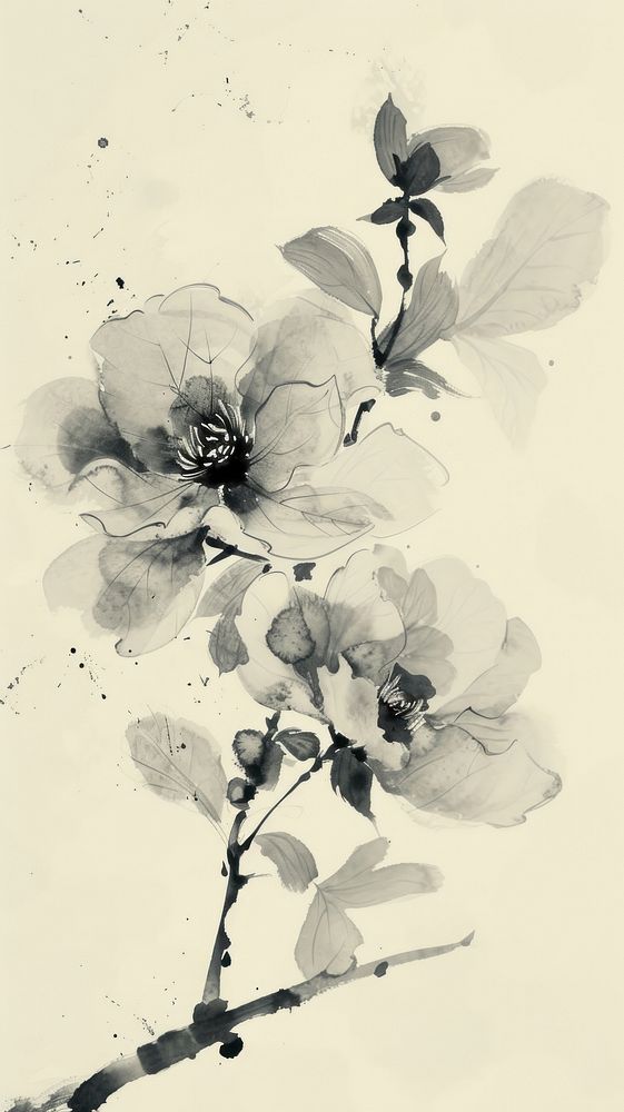 Ink painting minimal of peony blossom drawing flower.