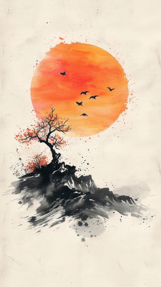 Ink painting minimal of sunset outdoors nature tree.