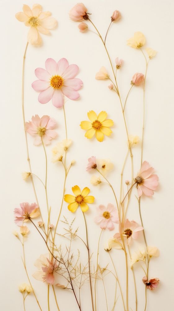 PNG Real pressed pastel yellow and pink flowers pattern petal plant. AI generated Image by rawpixel.