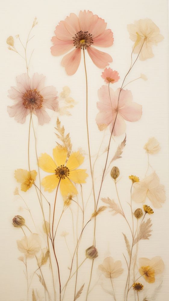 PNG Real pressed pastel yellow and pink flowers painting pattern plant. AI generated Image by rawpixel.