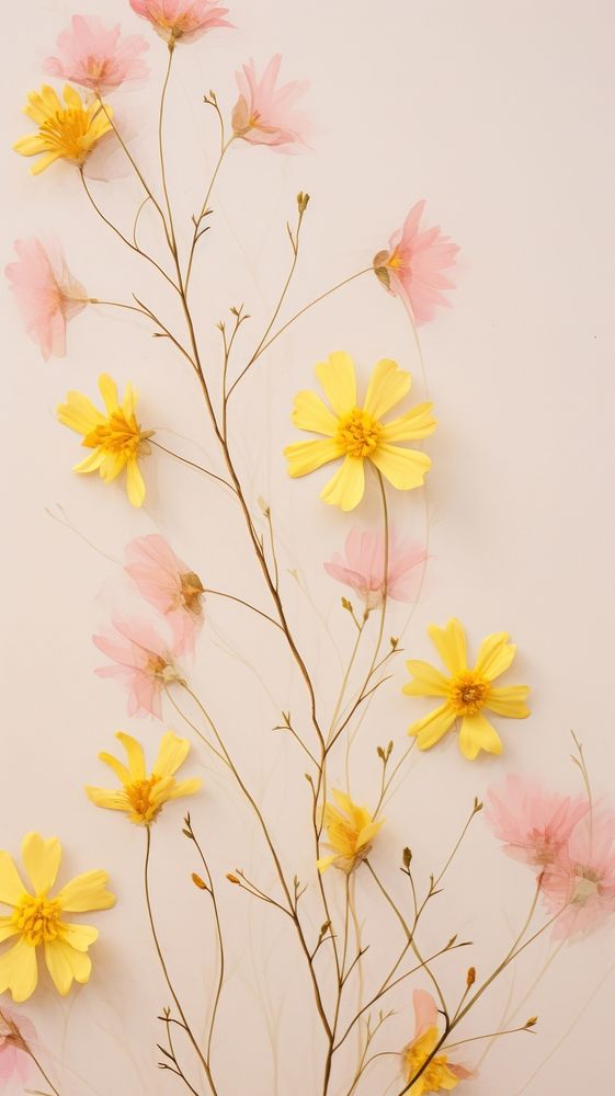 PNG Real pressed pastel yellow and pink flowers plant petal wall. AI generated Image by rawpixel.