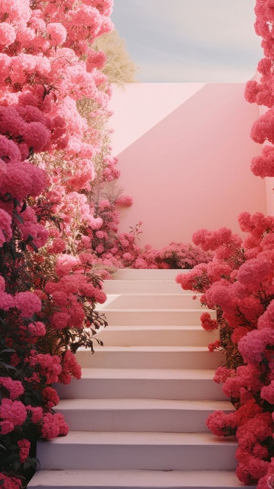 Photography of a pink garden architecture staircase outdoors.