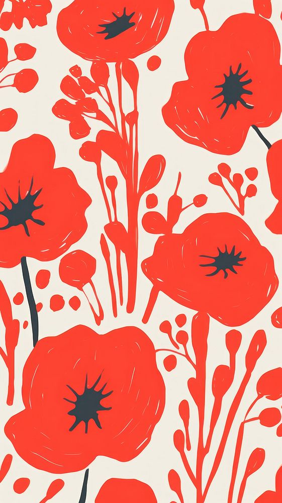 Stroke painting of red flowers pattern poppy plant.