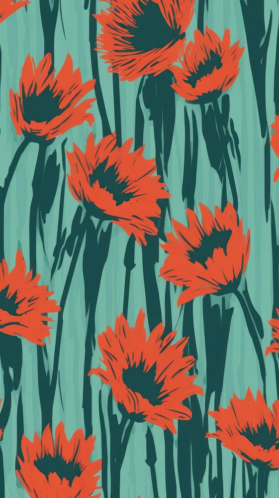 Stroke painting of red sunflowers in bluegreen background pattern backgrounds plant.
