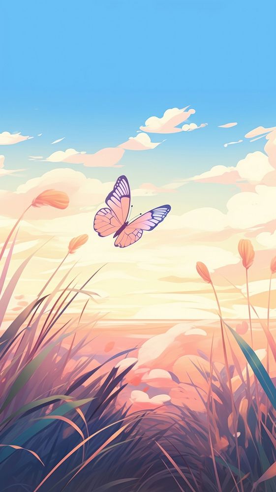 Butterflies with field landscape outdoors cartoon.