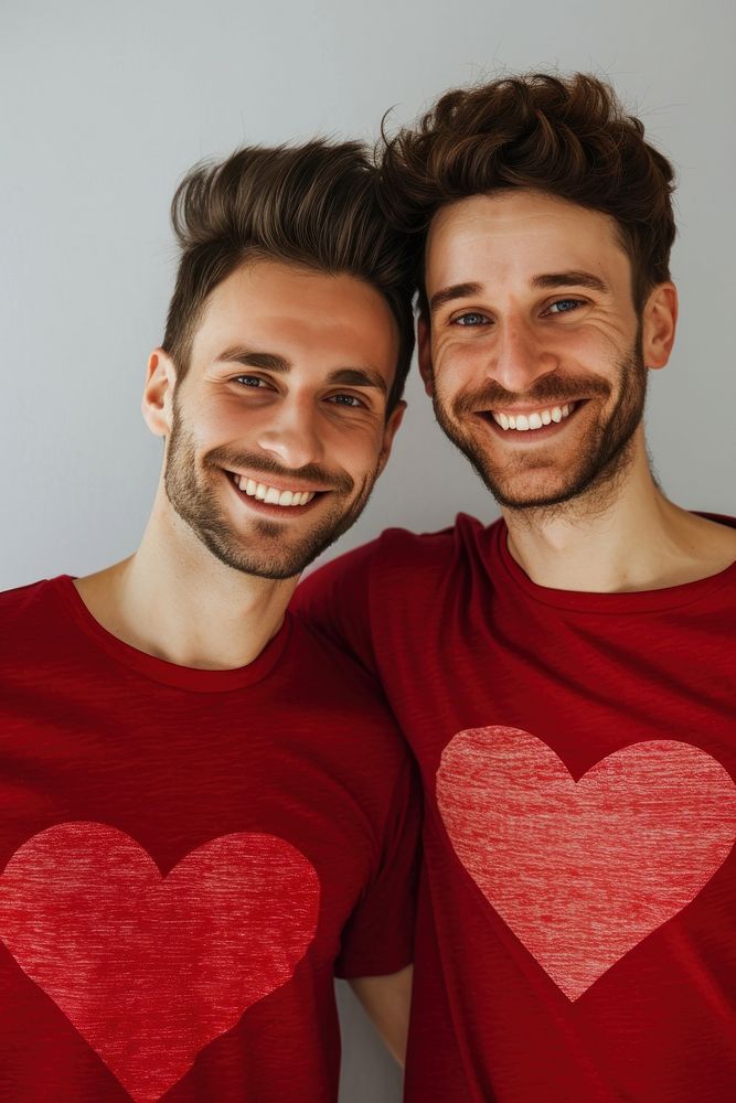 Couple gay man wearing heart-shaped matching shirts smiling adult love.