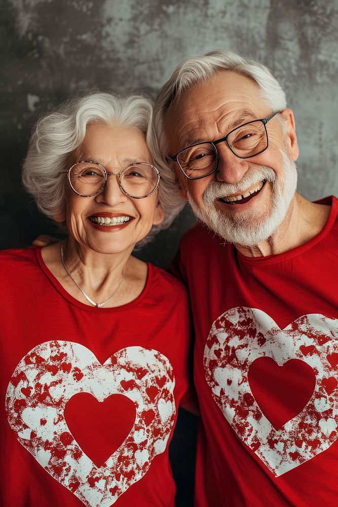 Couple senior wearing heart-shaped matching shirts smiling glasses adult.