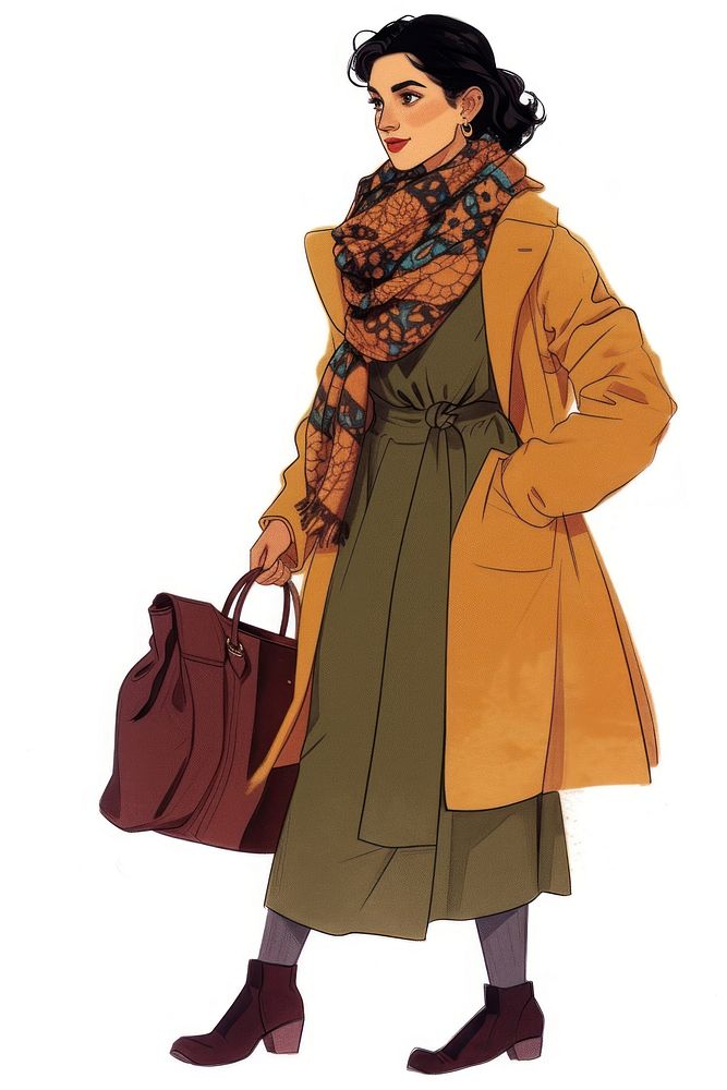 Woman overcoat handbag scarf.