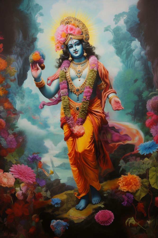 Krishna Janmashtami indian god art painting flower. 