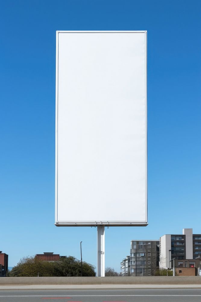 A photo of blank white tall billboard  on tower wall blue sky advertisement.