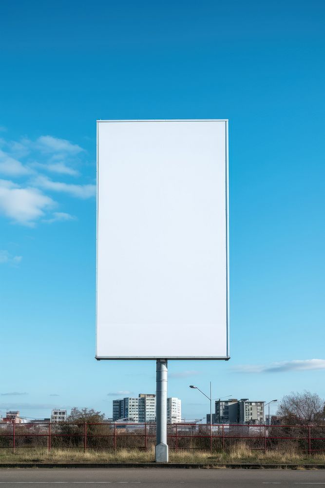 A photo of blank white tall billboard  on tower wall blue sky advertisement.