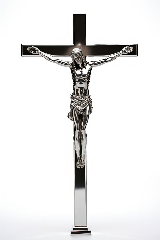 Crucifix Chrome material symbol cross white background.