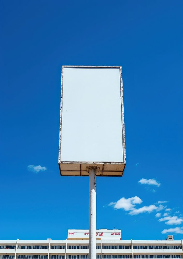 Blank white retro shopping mall sign billboard blue sky.