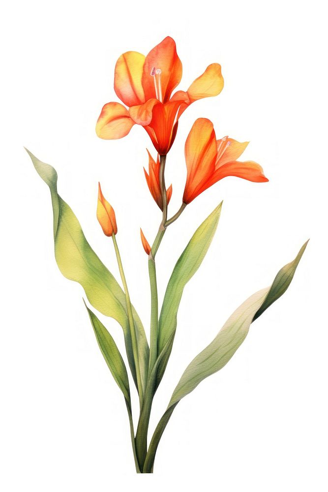 Watercolor canna lily flower gladiolus plant white background.