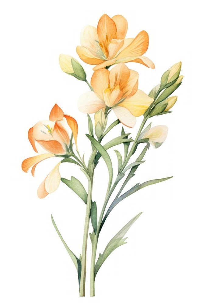 Watercolor freesia flower plant lily white background.