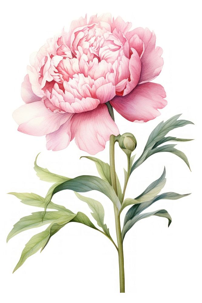 Watercolor peony flower plant rose white background.