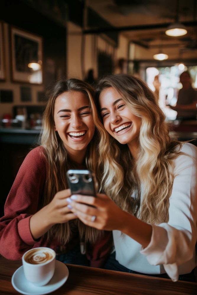 Friends laughing coffee selfie.